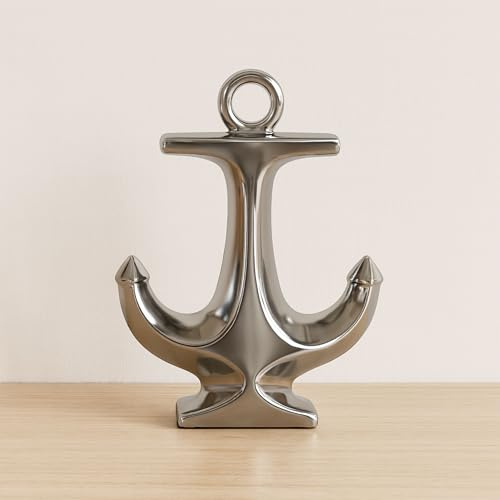 Modern Decorative Object for Home Decor – Ceramic Anchor Sculpture for Coffee Table Styling, Modern Shelf Accents for Living Room or Entryway Display, Contemporary Table Art Decor – 10, Silver