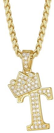 Richsteel Crown Pendant For Men Women Initial T Hip Hop letter Necklace Monogram Jewelry King Alphabet Charm with Chain 22'',Gift for Christmas