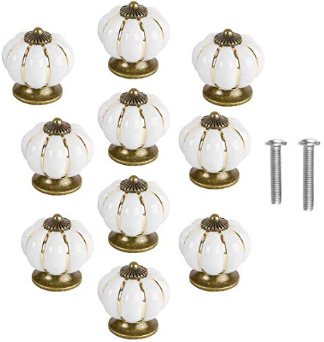POFET Lot de 10 boutons de porte en céramique vintage en forme de citrouille Blanc