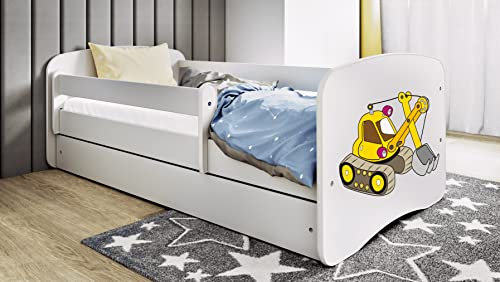 Kinderbett Jugendbett 70x140 80x160 80x180 cm Weiß mit Rausfallschutz Schublade und Lattenrost Kinderbetten für Mädchen und Junge - Bagger 140 cm