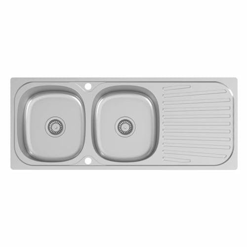 SÄUBER® 1180 x 480mm Stainless Steel Kitchen Sink 2.0 Double Bowl Inset Drop in Installation, Right Hand Drainer, 18/8 Grade Steel Sinks, Free Basket Strainer Waste
