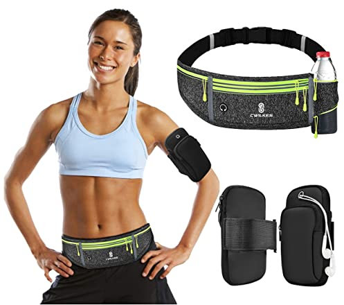 YuanDiann Sport Bauchtasche & Armtasche 2 Teiliges Set mit Flaschenhalter Wasserdicht Reflektierend Elastischer Jogging Gürteltasche Handy Laufgürtel Hüfttasche