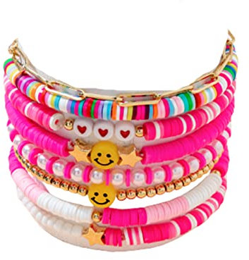 Kicomvi Surfer-Armbänder, buntes Ton, glückliches Lächeln, böser Blick, stapelbares Armband, Bohemia, mehrfarbig, Polymerton, goldfarbene Kugelperlen, Stretch-Armbänder für Damen, Sommer