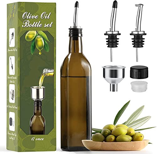 AOZITA Glas Ölflasche, 500 ml braune Öl und Essigmenage mit Ausgießern, Etikett und Trichter –Auslaufsicher und Tropffrei zum Kochen, Salat, Grillen