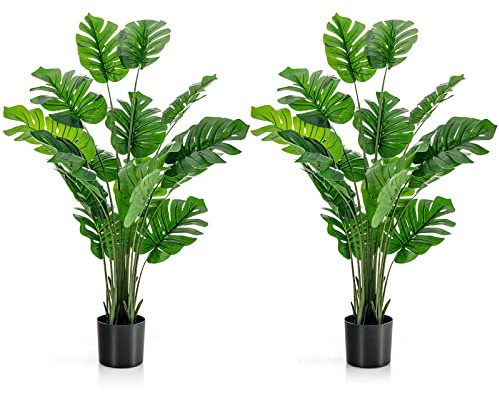 COSTWAY 120cm/152cm Artificial Monstera Plants, 10/15 Different Leaves Faux Monstera Deliciosa Tree with Cement Pot, Fake Swiss Cheese Plant for Indoor Home Decoration (152cm, 2 Pack, Green)
