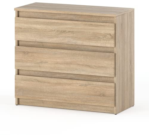 MRBLS_HOME Kommode mit 3 Schubladen – Schmale Schlafzimmer Kommode, Modernes Sideboard Holz - Sonoma – 80 x 71,5 x 33,5 cm