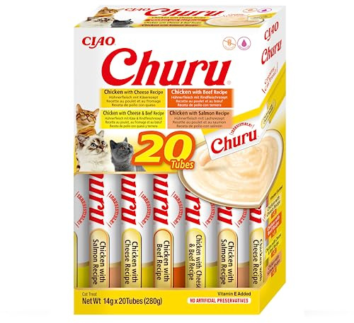 INABA Churu Gatos - 4 Recetas de Snacks Saludables a Base de Pollo - Deliciosos Premios con Textura Suave y Cremosa - Natural, Sin Cereales, Sin Conservantes, Sin Colorantes - 280g (20x14g)