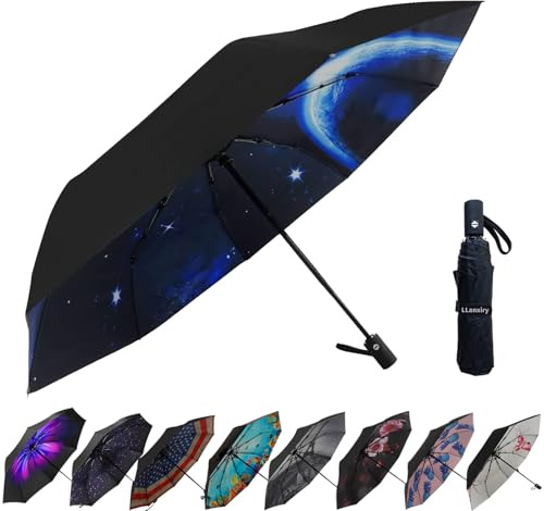 LLanxiry Compact Travel Umbrella, 44 Canopy, Automatic Open/Close Windproof Umbrella, 210T Pongee, 8-Rib Fiberglass, Travel Size Mini, Portable Rain/Sun Umbrellas UPF 50+ with Cover