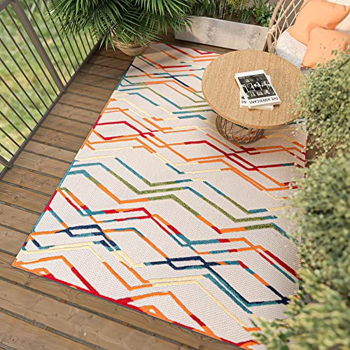 Mazovia Interior y Exterior Alfombra Balcón 140x200cm Crema Geométrico | Interior y Exterior Alfombra para Salón Dormitorio Terraza Resistente a la Intemperie Antialérgico Suelo Radiante Pelo Corto