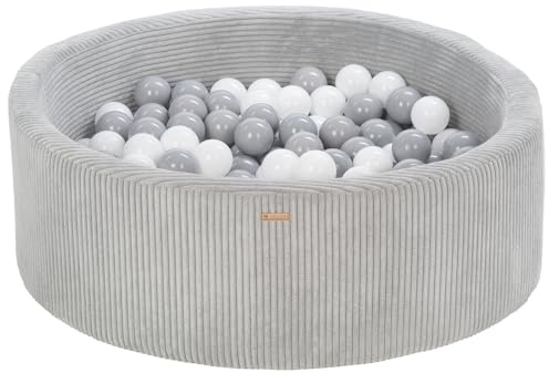 Bällebad Bällepool Bällebecken Spielbecken Kordsamt-Bezug 200 Bälle rund ⌀90 cm (Farbe des Pools/der Bälle: grau/weiß,grau)