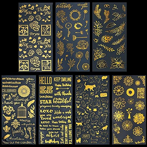 GOIYZTTR 7 Blatt Gold Scrapbooking Sticker Verschiedene Muster Scrapbooking Sticker Selbstklebende Wasserdichte Aufkleber Für Scrapbook-Aufkleber und DIY-Basteln