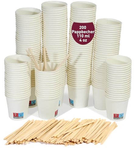 200 Gobelets à café jetables blancs de 110 ml / 4 oz avec agitateurs en bois, résistants, étanches et sans odeurs. Gobelets en carton jetables