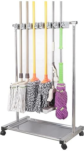 Besenhalter Gerätehalter Garten Bodenstehender Reinigungswerkzeugständer Mit Rädern Und Kleinen Haken, Beweglicher Mopp Besen Halter Für Waschküche/Schulen/Krankenhäuser/Schuppen (Color : 6 Pole C