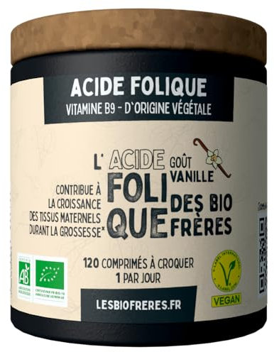 Les Bio Frères - Acide Folique Vitamine B9 Naturelle 400µg,200% AR - Préparation Grossesse et Fatigue - Immunité et Formation du Sang - 120 Comprimés - Cure 4 Mois