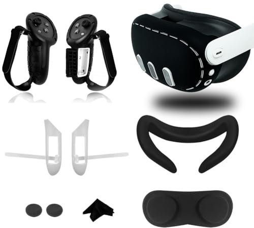 VR Silikonhülle Zubehör für Meta Quest 3, 10-in-1 VR Schutzhülle Set für Meta Quest 3, Face Cover Pad mit Objektivdeckel, Controller Grip Cover mit Batterieöffnung und Wippdeckel (Schwarz)