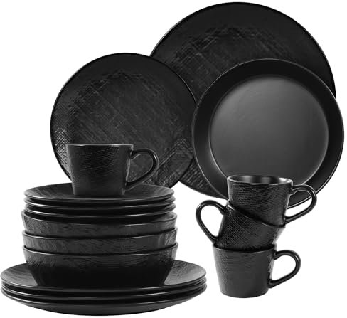 Navaris Vajilla Completa para 4 Personas - Vajillas Completas Modernas de Gres - 16x Platos Vajilla con Platos y Cuencos - Apto para Microondas Lavavajillas y Horno - Negro carbón
