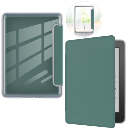ERUNTO Hülle für 6,8-Zoll Kindle Paperwhite & Signature Edition, Transparenter Acrylrücken, Magnetische Abdeckung mit Handschlaufe, Automatisches Aufwachen/Schlafen(Grün)