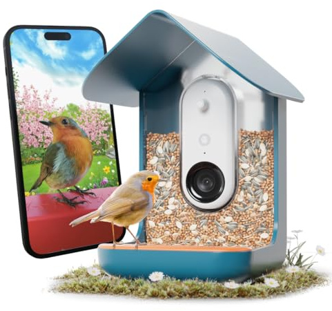 Birdbuddy PRO Smart Bird Feeder with Camera - AI Bird Species Identification, 5MP Photos, 2K HD Video Live Stream Camera, Slow-Motion Video, 2.6in Focus - Blue