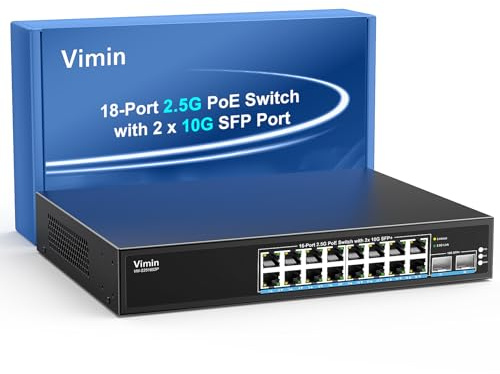 VIMIN Switch PoE 16 Ports 2.5G non Géré, 16 Ports PoE 2.5G Base-T+2 Ports 10G SFP, Switch PoE 16 Ports avec Capacité de Commutation Ethernet de 120 Gbps,Prise en Charge de l'IEEE802.3af/at, 220W, VLAN