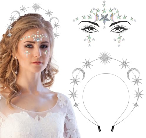 Sonne Mond Sterne Haarreif, Mond Haarband Silber, Glitter Stirnband mit Strasssteine Gesicht Tattoos, Strass Haarband für Fasching Karneval Halloween Musikfestival Party für Damen Mädchen