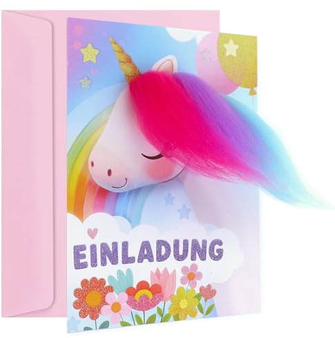NiLiNo 12x Glitzer-Einhorn Einladungskarten mit ECHTER MÄHNE für den Mädchen Kindergeburtstag | Premium Regenbogen Einhorn-Einladungen inkl. Umschlägen | besondere Geburtstagseinladungen