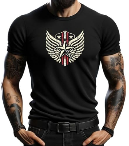 Camiseta Negra de Hombre con Estampado de Alas y Estrella, Diseño Vintage de Estilo Militar - Manga Corta y Ajuste Moderno (FR/ES, Letras, L, Regular, Regular, Negro)