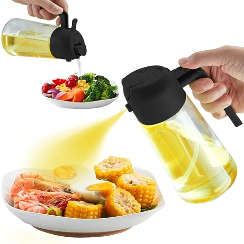 MESNEY Ölsprüher 470 ml – 3-in-1 Ölspray aus Borosilikatglas, Ölsprüher für Speiseöl, Essig, Sojasauce – Tropffreier Ölspender für Heißluftfritteuse, Küche, Kochen und Grillen