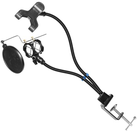 Microphone Stand Holder Black Metal with Adjustable Arm Desktop | Hands-free Recording for Video, Stable Table Use, Reinforced Flexible Arm, Double-layer Net Filter Included
