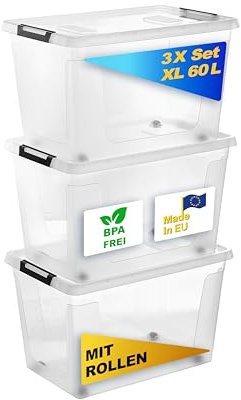 Gardissimo 3er Set Aufbewahrungsbox 60 Liter, Transparent | Mit Deckel und Rollen, Kunststoff Stapelboxen, Made in Europe, Clip-Verschluss, BPA-frei