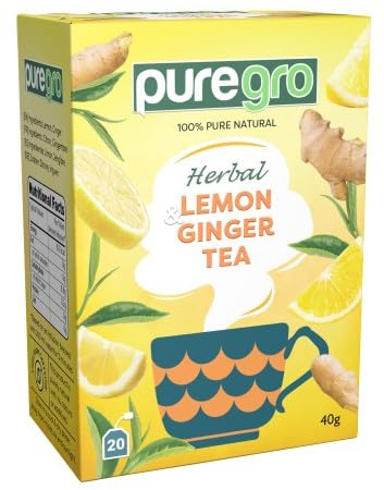 Puregro Herbal Lemon Ginger Tea 40g | 20 Tea Bags | 100% Pure Natural | Herbal Tea | Caffeine Free | No Colours or Additives.