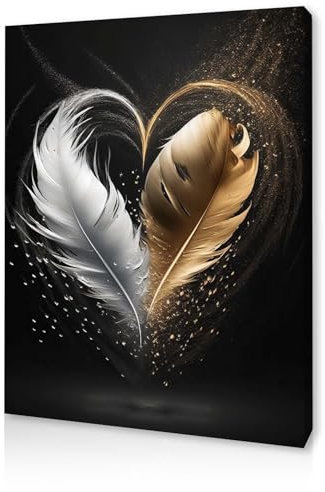 Qiukoo Framed Canvas Wall Art – Gold and Black Feather Heart Artwork, Waterproof Modern Print with Hook, Wall Decoration for Living Room or Bedroom, Elegant Pictures for Bedroom Walls – 12x16 Inch
