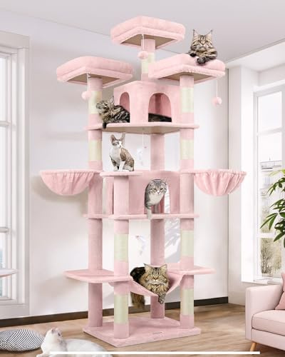 Globlazer Arbol Gato para 3-5 Gatos Rosa, Arbol Gato XXL Alto 204 cm con 3 Perchas Acolchadas, 2 Nidos, 2 Cesta, Hamaca, Árbol Rascador para Múltiple Gatos Descansar Jugar Rascarse (F80, Rosa)