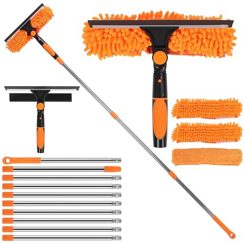 MEKOTRIN 2 In 1 Lavavetri Telescopico, 4.5m Strumento Per La Pulizia Dei Vetri Con Spugna E Doppia Lama Laterale In Gomma, Kit Per Lavaggio Finestre Con Asta Di Prolunga Per Porta Doccia (Giallo)
