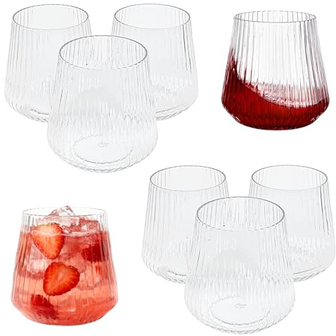 Vurixfo 8 Pack Plastic Ribbed Wine Glasses, 14 oz Clear Shatterproof Wine Glass Reusable Vintage Stemless Cups Unbreakable Drinking Glasses for Champagne Catering Weddings Outdoor Indoor Party Bar