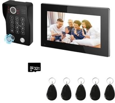 SMTYXS 7 Zoll Video-Gegensprechanlage, Türsprechanlage Mit Touchscreen Und Kabelgebundener Türklingel, 1080P, 148°, APP-Passwort, Fingerabdruck-Kartenleser-Monitor(7INCH 94218B)
