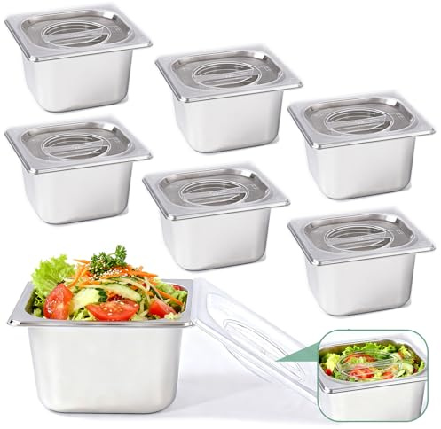 Bofolai 6 Pack Stainless Steam Hotel Pan with Lid, 1/6 Size x 4 Inch Deep Table Steam Pan Restaurant Supplies Reusable Anti Rust Catering Storage for Home, Buffet,Party, Restaurant, Hotel
