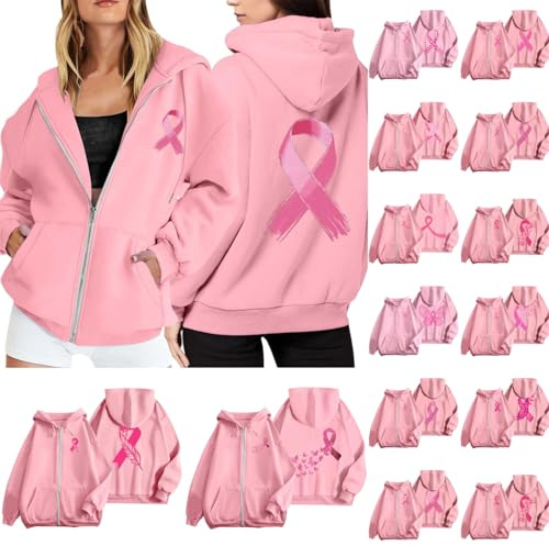 Sweat Femme Octobre Rose Décontracté Manches Longues Veste Grande Taille Capuche Cancer du Sein Pull Imprimé Sensibilisation Sweat