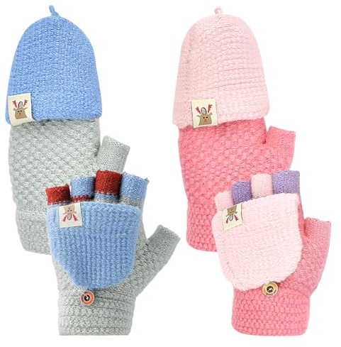 Ulluthu 2Pz Guanti per Bambini, Guanti Termici a Maglia Antivento Guanti Senza Dita Mezze Dita Maglia Calda con Copertura a Patta AntiscivoLo Guanti Bambini Invernali Per 5-14 Anni Bambini Rosa e Blu