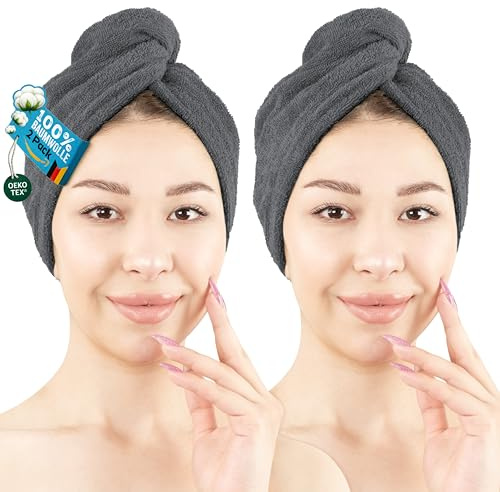 Hammetex Haarturban 2er Set mit Knopf, Haarhandtuch 100% Baumwolle | OEKO-TEX zertifiziert, saugstark, trocknet das Haar schnell, für lange & lockige Haare, sanft zur Kopfhaut, fürs Badezimmer