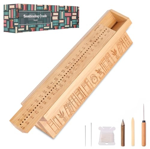 Bamboo Bookbinding Set with Awl, Bookbinding Cradle, Bookbinding Materials, Bookbinding Accessories for Crafts with Storage, Signature Punch Tools with Piercing Guide, Easy to Use