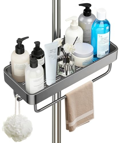 BREANIFULL Duschablage Ohne Bohren Badezimmer Organizer Duschregal（Grau） | Badezimmerregal Duschhalter für Seife und Shampoo mit 1 Schraubschrauber für Runde Duschstange mit Durchmesser von 22mm-25mm
