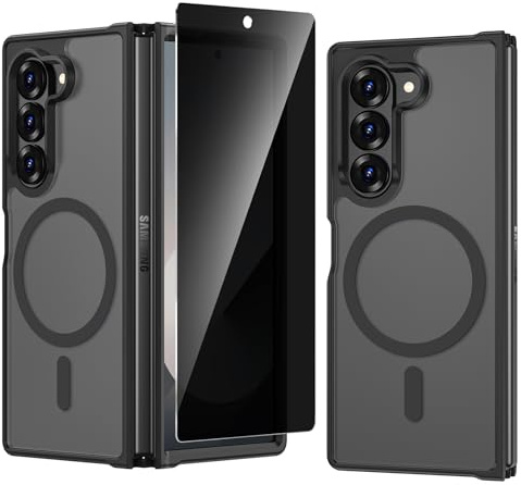 VEGO for Galaxy Z Fold 6 Case Magnetic [Compatible with MagSafe][with Privacy Screen Protector] Translucent Matte Hard Cover Shockproof Drop Protection Protective Phone Case for Samsung Fold 6-Black