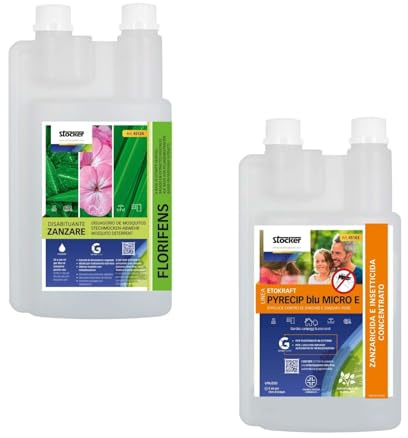 STOCKER - Kit Antizanzare Professionale 40004 1 L Zanzaricida Linea Etokraft Pyrecip Blu Micro E + 1 L Disabituante zanzare Florifens Barriera Vegetale - Trattamento per Aree Esterne e Giardino