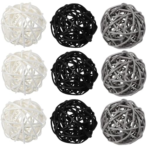 Packool 3 Colors (Black, White, Gray), Handcrafted Woven Yarn Balls for Home Decor, Weddings, Parties, and Special Occasions, 9 Pcs Rattan Decorative Balls