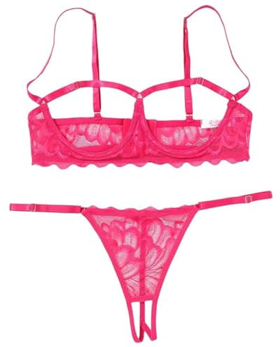 HOTSO Floral Lace Lingerie for Women Sexy Sheer Quarter Cup Bra and Panty Set Naughty Plus Size Transparent Underwear Bikini Thongs G String Sleepwear Nightwear Bedroom