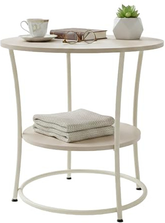 Relaxdays Mesa Auxiliar Redonda de Madera y Metal, 2 Niveles, 55 x 55 cm, Color Natural/Crema