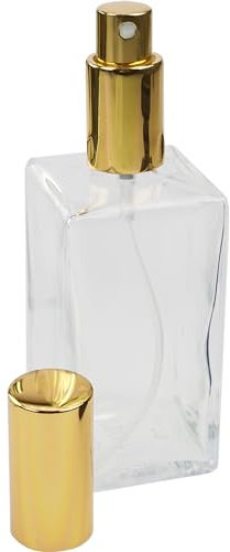 Fantasia Parfum Flakon leer 100ml mit Zerstäuberpumpe, Klarglas Flasche eckig, zum selber Befüllen mit Parfum, Zerstäuber und Kappe in Gold, nachfüllbar für 100ml