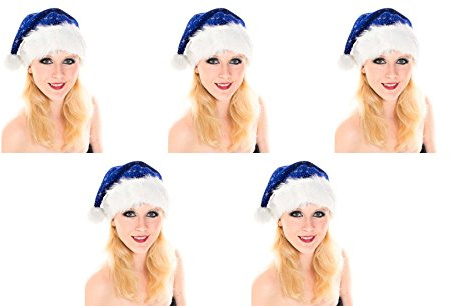 Ciffre 5 er Set Weihnachtsmütze Nikolausmütze Blau Plüsch mit Glitzer Staub Dicker Fellrand X18