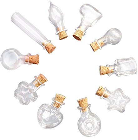 Butterme 10Pcs Mini Glass Cork Bottles Vial Wishing Bottles DIY Pendant Loop - 10 Different Shaped Bottle of Waterdrop, Bulb, Love Heart, Star, Pepper, Square, Round, XO, Flower (Transparent)