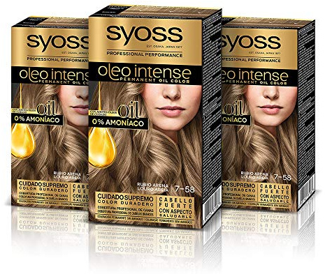 Syoss Oleo Intense - Tinte 7-58 Rubio Arena – Coloración permanente Sin Amoníaco – Cobertura profesional de canas – Resultados de peluquería (Pack De 3)
